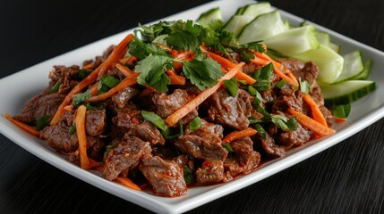 Fototapeta premium Tender beef in spicy chili oil served with fresh vegetables