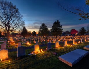 Generated image serene All Saints' Day scene in a suburban US cemetery, with candles flickering