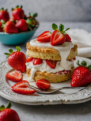 Luscious slice of strawberry shortcake with fresh strawberries and cream.