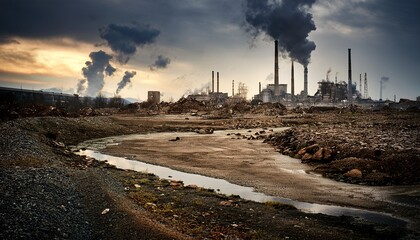 A polluted industrial wasteland with crumbling factories and smokestacks still pumping toxic fumes into a permanently gray, oppressive sky.
