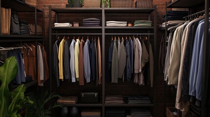 Open dressing room concept featuring adjustable iron racks and a well-organized selection of clothing