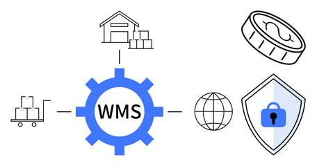 Obraz premium Gear with WMS, warehouse, trolley with boxes, coin, globe, and security shield. Ideal for logistics, supply chain inventory security global access warehouse management e-commerce. Abstract line