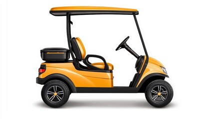 A vibrant yellow golf cart with a sleek design, featuring a spacious seat and large wheels, ideal for outdoor activities and leisure.
