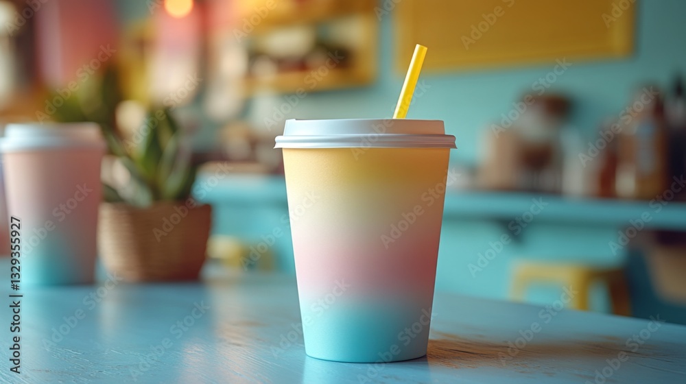 Poster a bright drink cup with a gradient design sits on a table in a lively cafe featuring pastel colors a