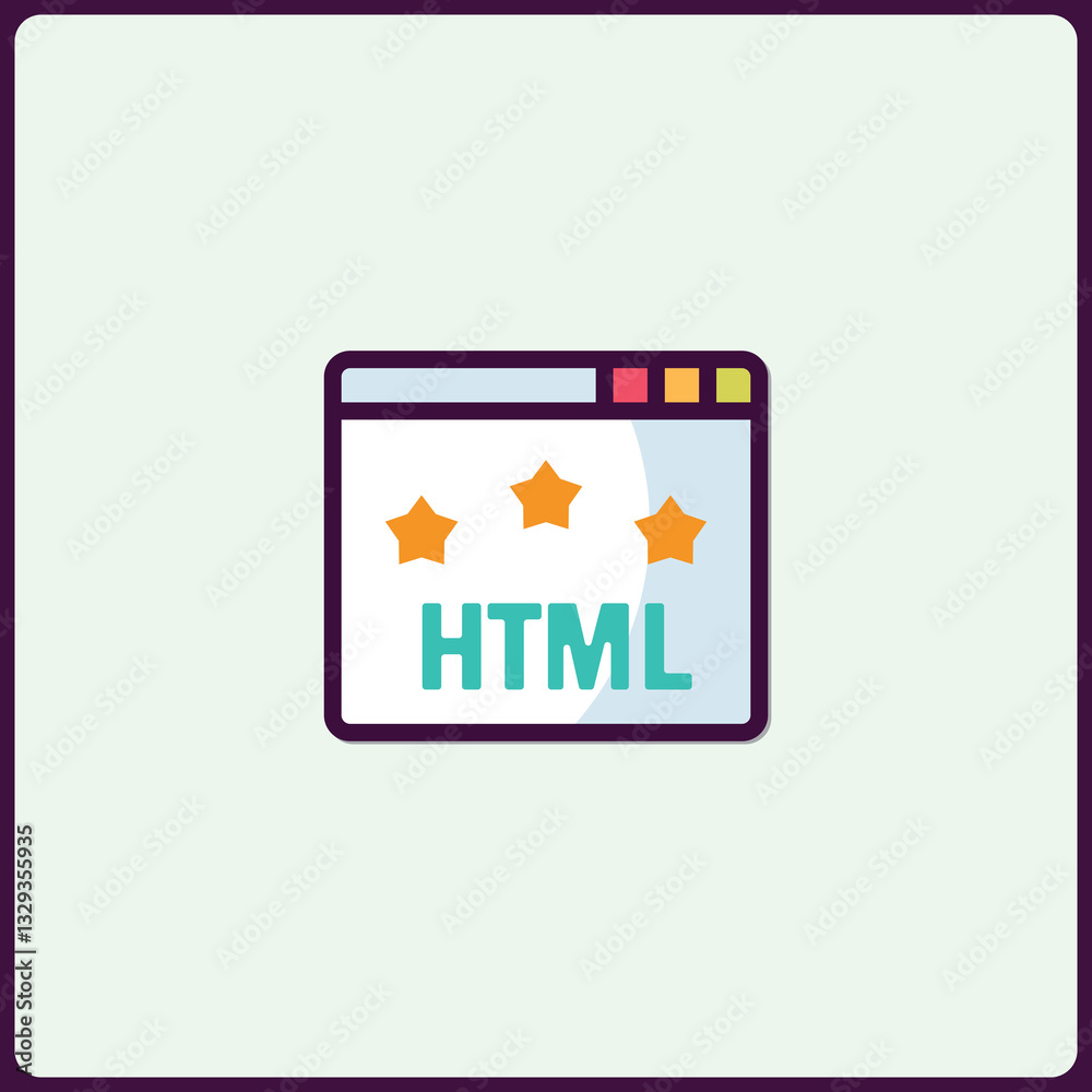 Poster stylized html browser window with stars represents website coding