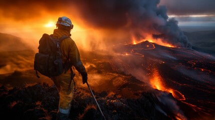 a volcanologist in protective gear stands on the edge of a volcanic ridge, observing a powerful eruption with molten lava flowing down the slopes. thick smoke and ash rise into the sky as the setting 