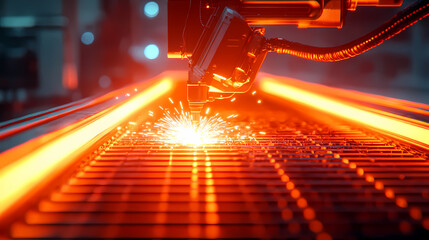 A laser cutting machine creates sparks as it precisely cuts through material, showcasing advanced technology in manufacturing.