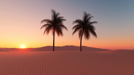 Serene sunset over a desert with two palm trees silhouetted against an orange sky, creating a tropical and tranquil scene with warm hues.
