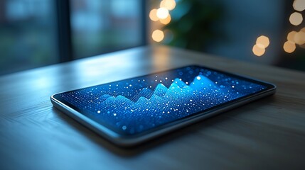 Data visualization on tablet screen at night.