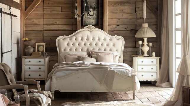 Dise&ntilde;o interior shabby chic de dormitorio moderno.