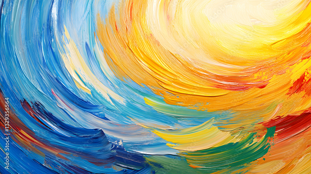 Poster mesmerizing painting of a colorful swirl with curved lines of paint merging together in a vibrant di