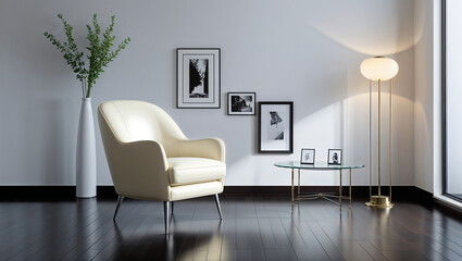 Fototapeta premium Modern interior living room features an armchair and decorative accessories against a white-colored wall