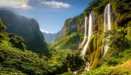 A peaceful valley where waterfalls flow upwards into the sky, defying gravity in a mesmerizing, dreamlike display surrounded by mist and lush greenery.
