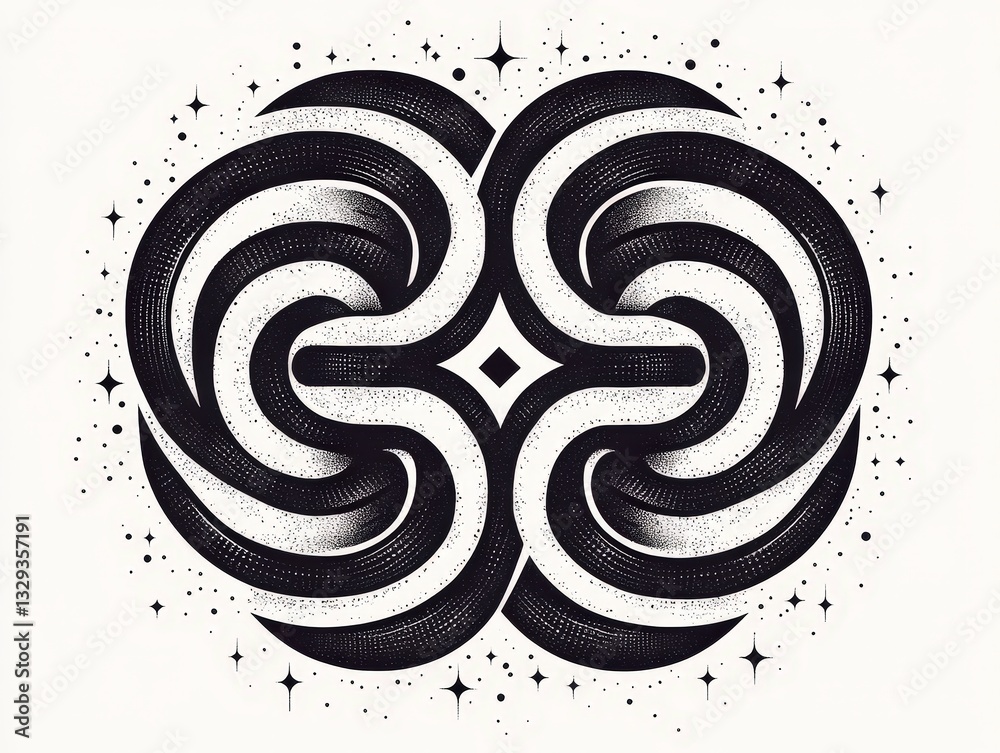 Poster abstract black and white pattern featuring swirling shapes and stars, creating a captivating and dyn