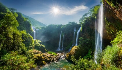 Fototapeta premium A peaceful valley where waterfalls flow upwards into the sky, defying gravity in a mesmerizing, dreamlike display surrounded by mist and lush greenery. 