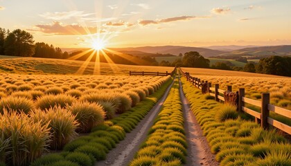 Golden sunset over winding dirt path in serene countryside, tranquility