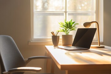 Fototapeta premium A minimalist office workspace with a single wooden desk, an ergonomic chair, a MacBook, and a small potted plant, bathed in soft daylight