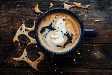 Artistic coffee cup with swirling cream and splatter design