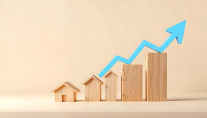 The graph of the house is rising and has a blue arrow with copy space