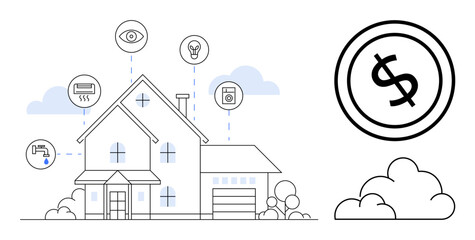 Two-story house with icons for monitoring energy, air conditioning, lighting, security, and appliances. Ideal for technology, efficiency, savings, automation sustainability innovation modern