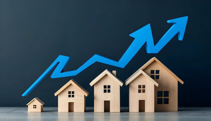 The graph of the house is rising and has a blue arrow with copy space