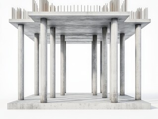 Fototapeta premium Modern architectural structure featuring concrete columns and an unfinished upper level, showcasing a minimalist design.