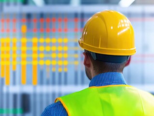 A worker in a yellow hard hat and safety vest observes a colorful display of data or measurements in a professional setting.