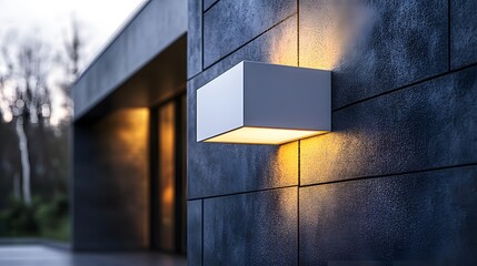 Elegant white wall sconce mounted on black wall provides warm glow in evening ambiance. Contemporary exterior lighting fixture with minimalist design creates soft illumination dark surface.