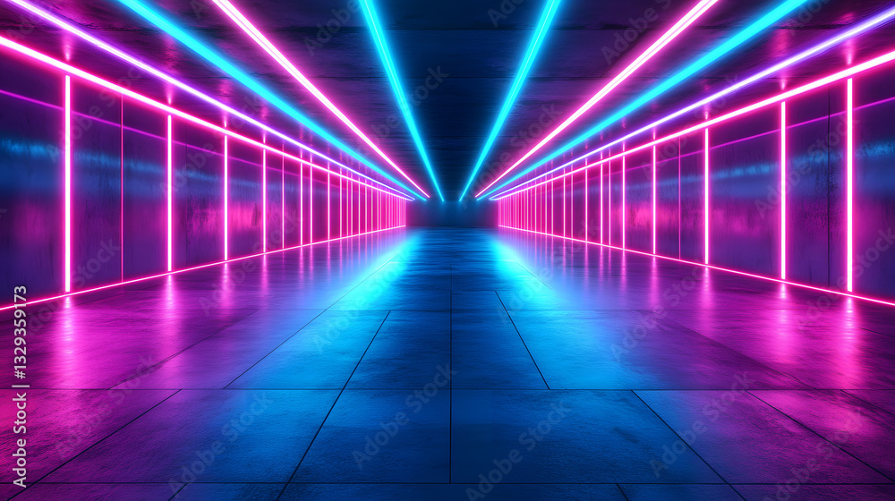 Poster a tunnel illuminated with neon lights featuring affine transformations of vectors creating a modern 