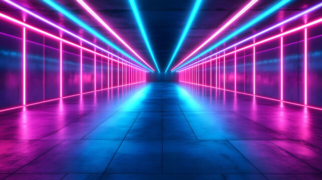 A tunnel illuminated with neon lights featuring affine transformations of vectors creating a modern and dynamic urban experience.