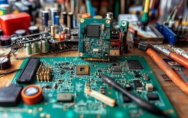 Obraz premium Close-up of circuit boards and electronics components on a workbench.