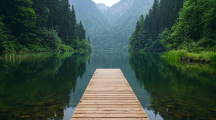 Calm lake reflecting mountains and lush forest at dawn
