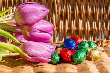 Colorful easter eggs with purple tulips on basket background. Large copy space. Sunny day with natural bright sunlight.