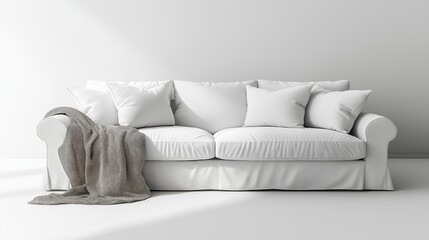 
Sofá blanco individual con almohadas y manta contra una pared en blanco con espacio de copia.