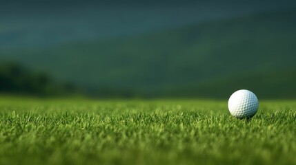 A close up shot of a golf ball sitting atop a tee surrounded by the lush verdant grass of a well manicured golf course  The hole is visible in the distance