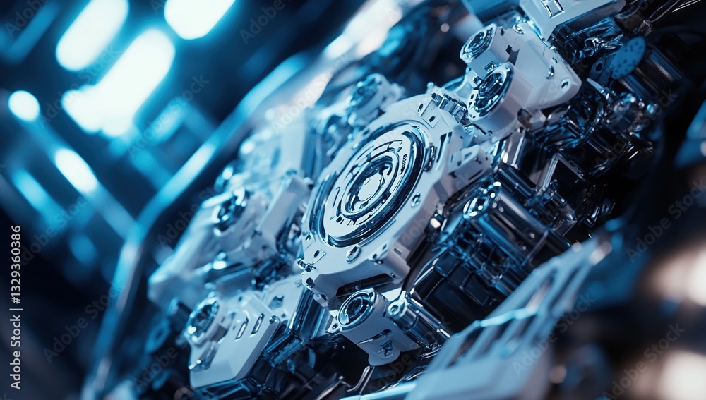 Poster exploring intricate machine gears: a close-up look at complex internal mechanisms with polished chro