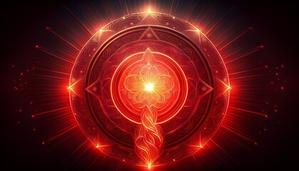 A mystical, glowing representation of the root chakra, with red energy spiraling around it. The vibrant, fiery aura radiates strength, stability, and grounding energy.
