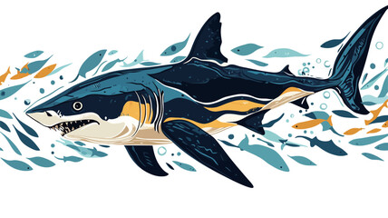 Naklejka premium A stylized illustration of a great white shark swimming underwater. The shark is depicted in shades of blue, white, and yellow, with a textured appearance. Smaller fish and stylized blue and