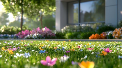 Meadow with Wildflowers Blooming on Green Grass Lawn in Spring