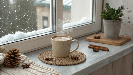 A warm cup of coffee with cookies on a wooden table near a window