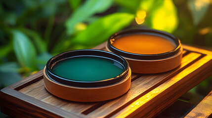 Two small wooden bowls filled with vibrant green and orange liquids sit on a wooden tray, set against a blurred backdrop of lush green foliage