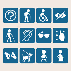 Vector colorful icon set of access signs for physically disabled people