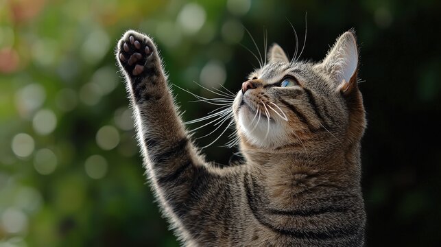 Playful cat reaching up to the sky with outstretched paws symbolizing joy and feline wonder