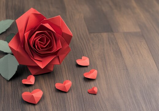 Red Paper Rose and Hearts on Dark Wooden Background