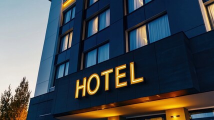 Fototapeta premium Book hotel and plan travel. Modern hotel exterior with illuminated signage during twilight.