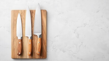 Set of kitchen knives on a magnetic holder, sharp and organized, bright white setting