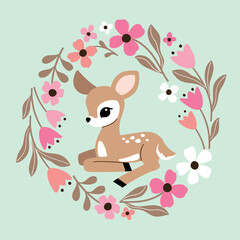 Cute vintage deer in floral wreath. Hand drawn vector fawn illustration. Perfect for tee shirt logo, greeting card, poster, invitation or print design. EPS10 vector file.