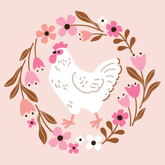 Cute hen in floral wreath. Hand drawn vector chicken illustration. Perfect for tee shirt logo, greeting card, poster, invitation or print design. EPS10 vector file.