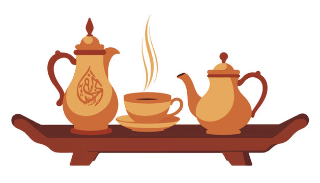 tea set on tray, warm colors, minimalist style clip art preview