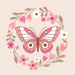 Boho butterfly in floral wreath. Hand drawn vector butterfly with tiny flowers. Perfect for tee shirt logo, greeting card, poster, invitation or print design. EPS10 vector file.
